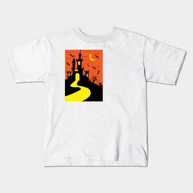 Halloween With Moon Orange Palace And Bat Silhouette Kids T-Shirt by satyam012